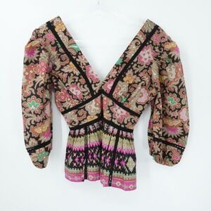 Love The Label Blouse Womens M Multicolor‎ Puff Sleeve Babydoll Smocked Boho